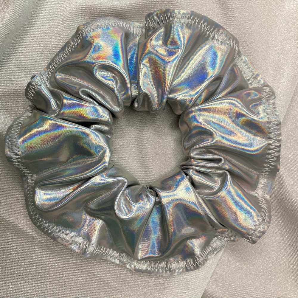 Handmade Scrunchie New Hair Tie Holographic Metallic Silver Spandex. Size: L